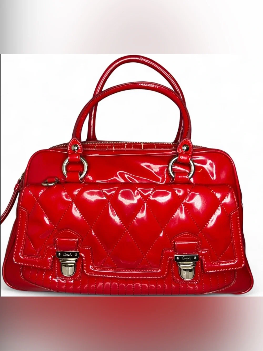 Y2K COACH Poppy Liquid Gloss Pushlock Cherry Red Patent Leather Quilted Satchel
